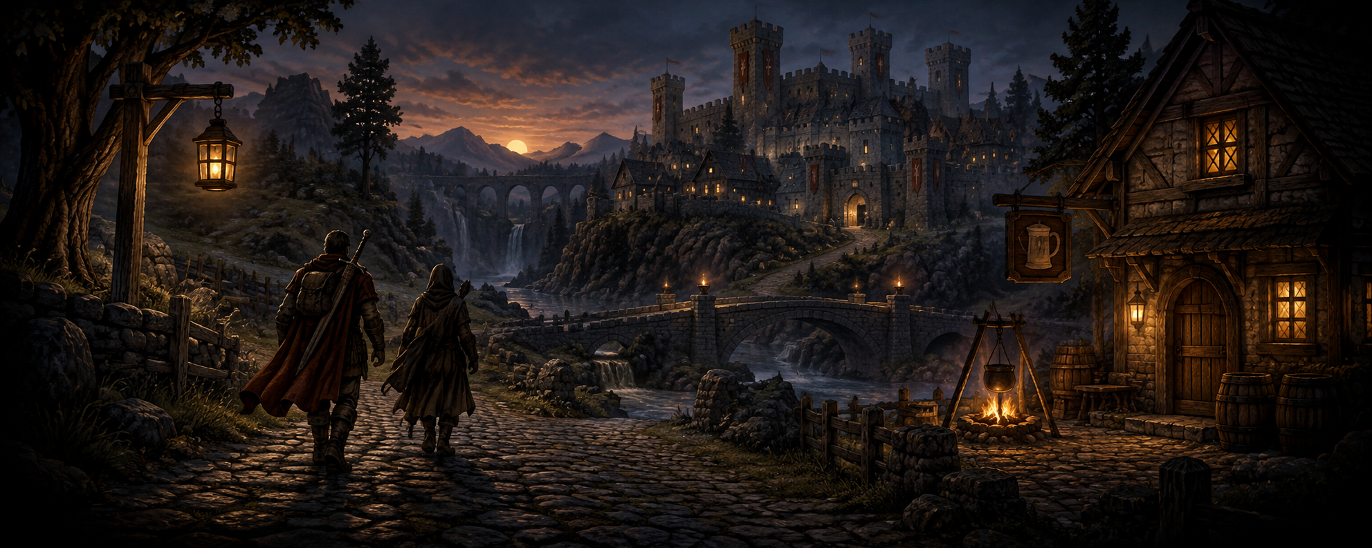 Original CallCline artwork: two adventurers follow a lantern-lit road toward a medieval castle village.